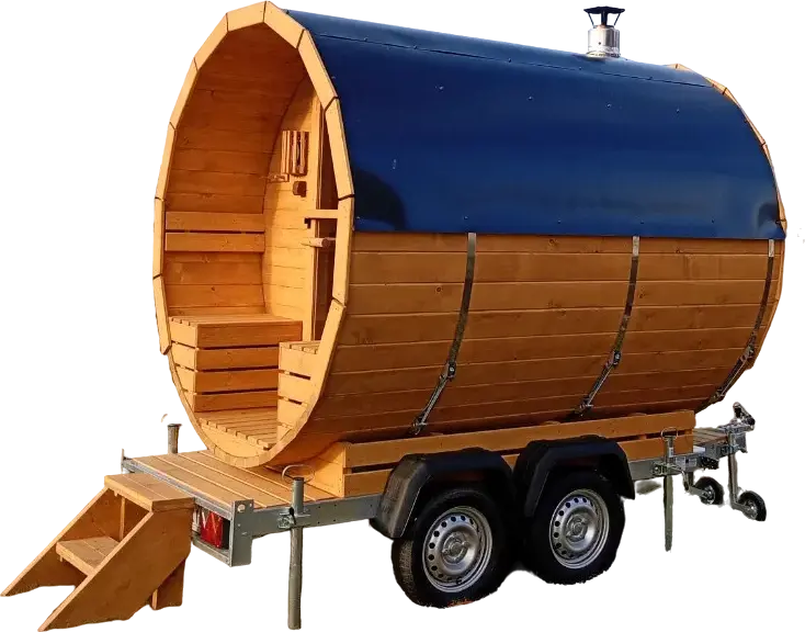 Mobilna sauna fińska na przyczepie, gotowa do dowozu