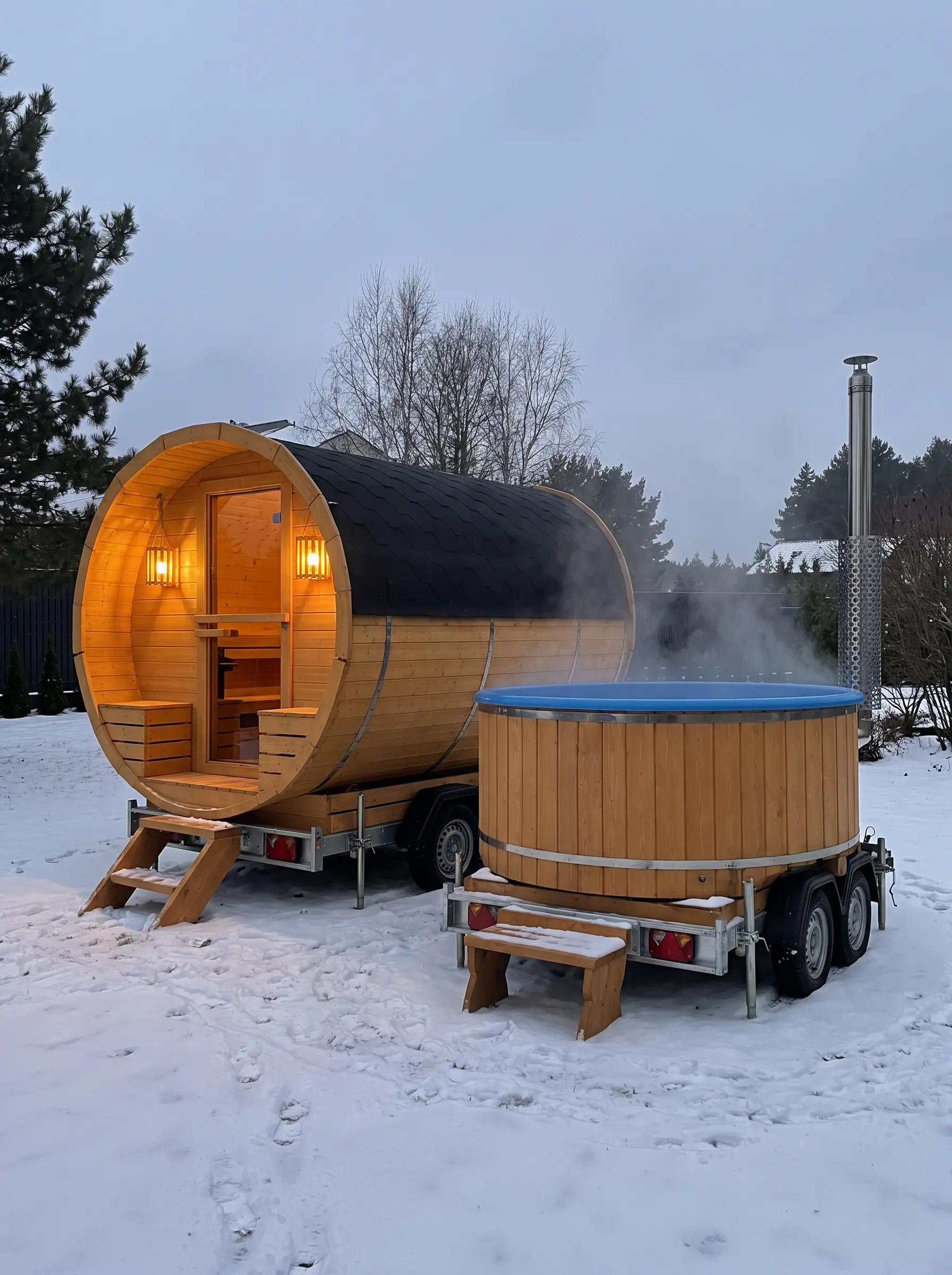 Mobilna sauna i parująca balia ogrodowa na przyczepach, rozstawione na śniegu