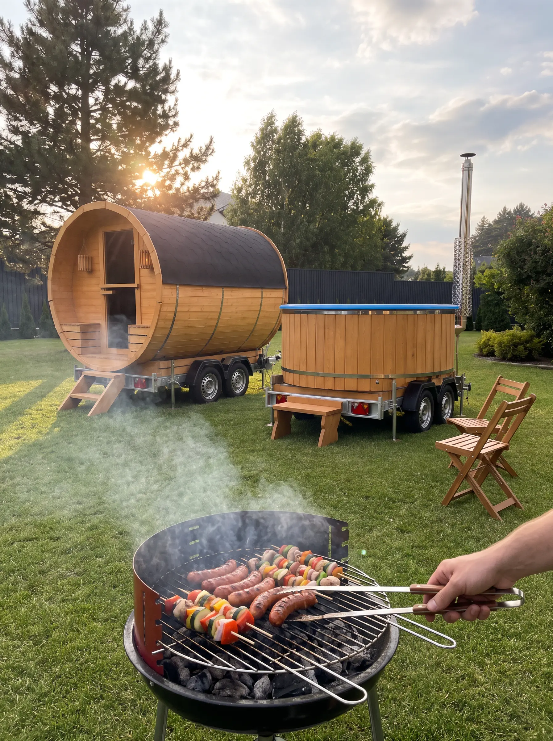 Rozpalony grill w ogrodzie, w tle mobilna sauna i balia ogrodowa na przyczepach