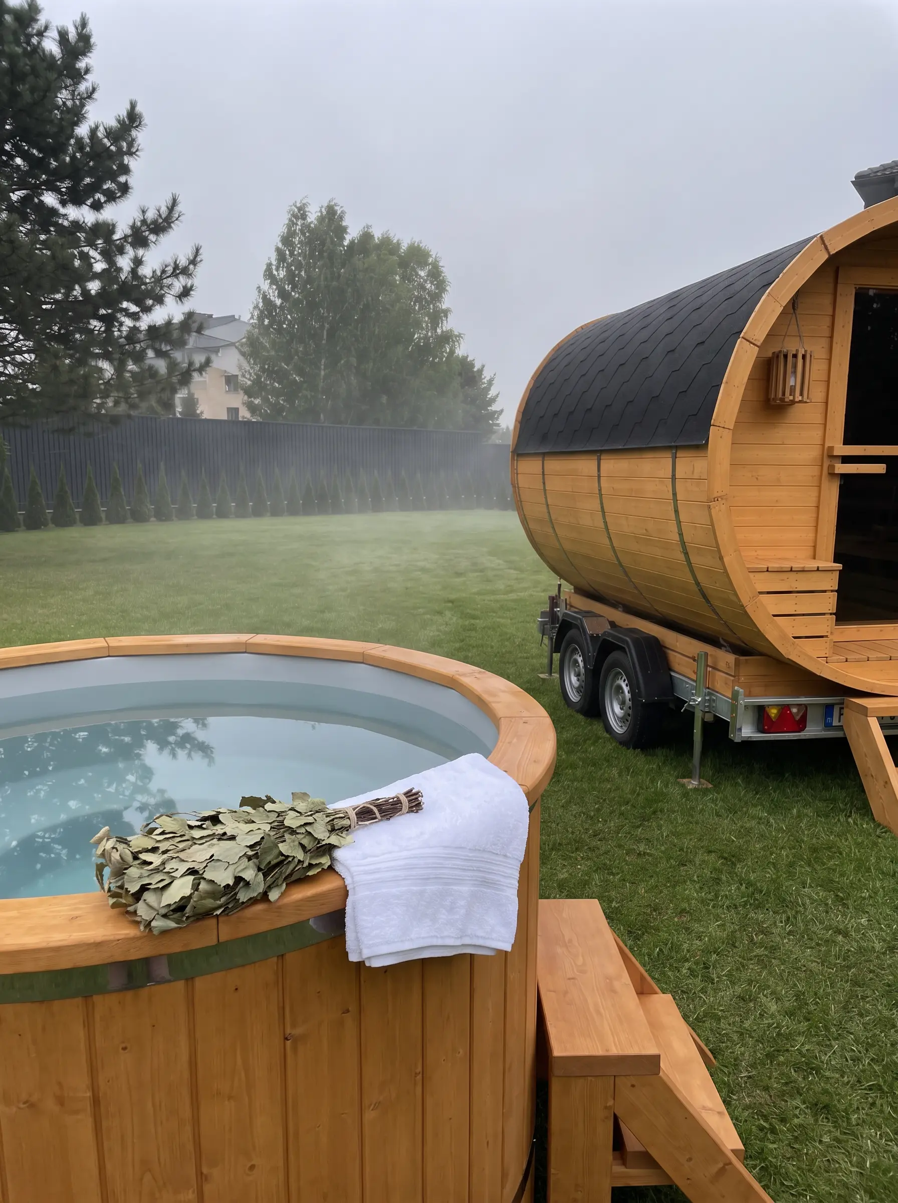 Balia do schładzania z ręcznikiem i witką brzozową na brzegu, obok mobilna sauna na przyczepie o mglistym poranku