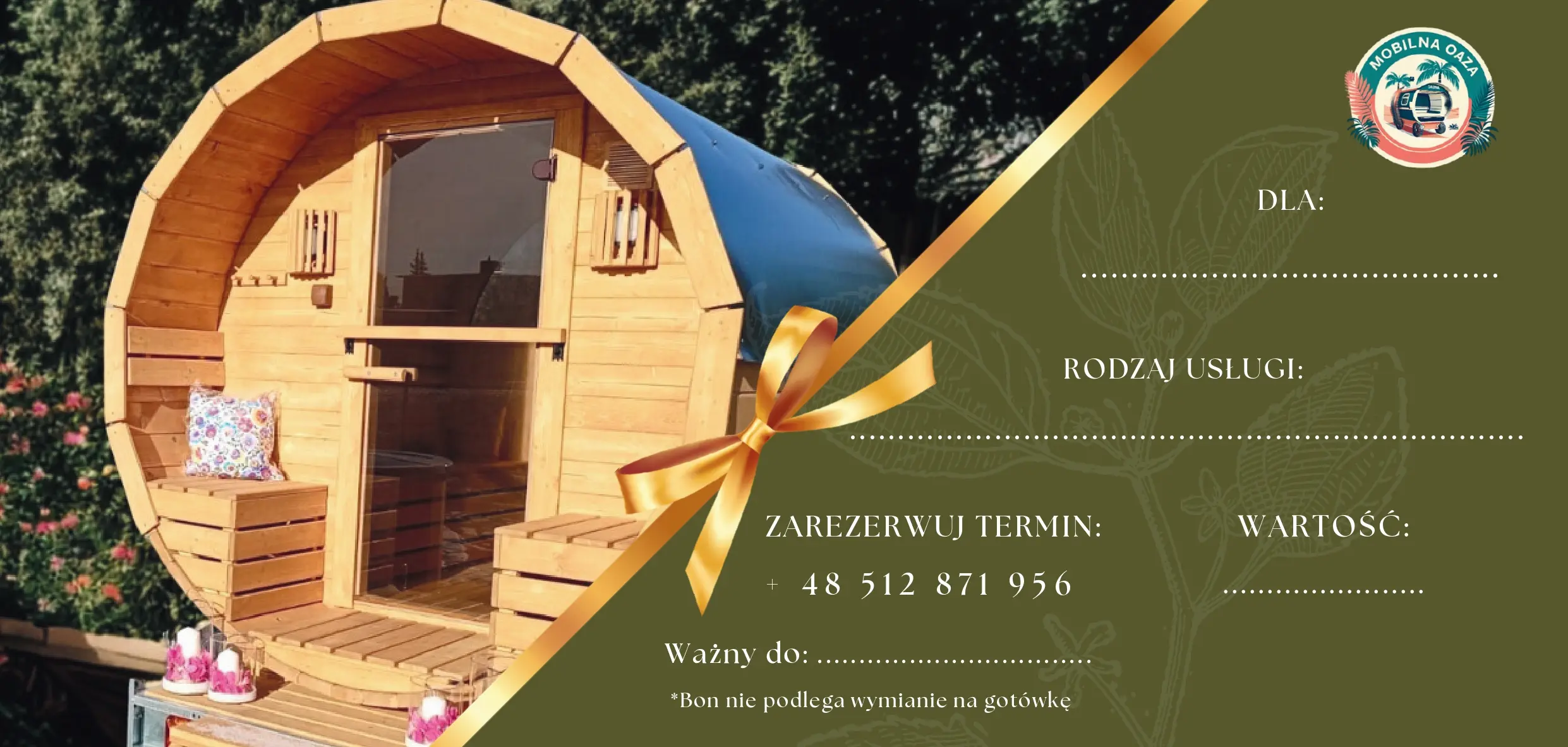 Tył bonu podarunkowego ze zdjęciem sauny beczki i miejscem na imię obdarowanego, rodzaj usługi, wartość oraz termin ważności